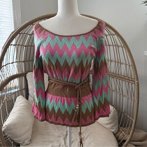 Milly of New York Zigzag Knit Top Small Metallic Chevron Belted Boho
